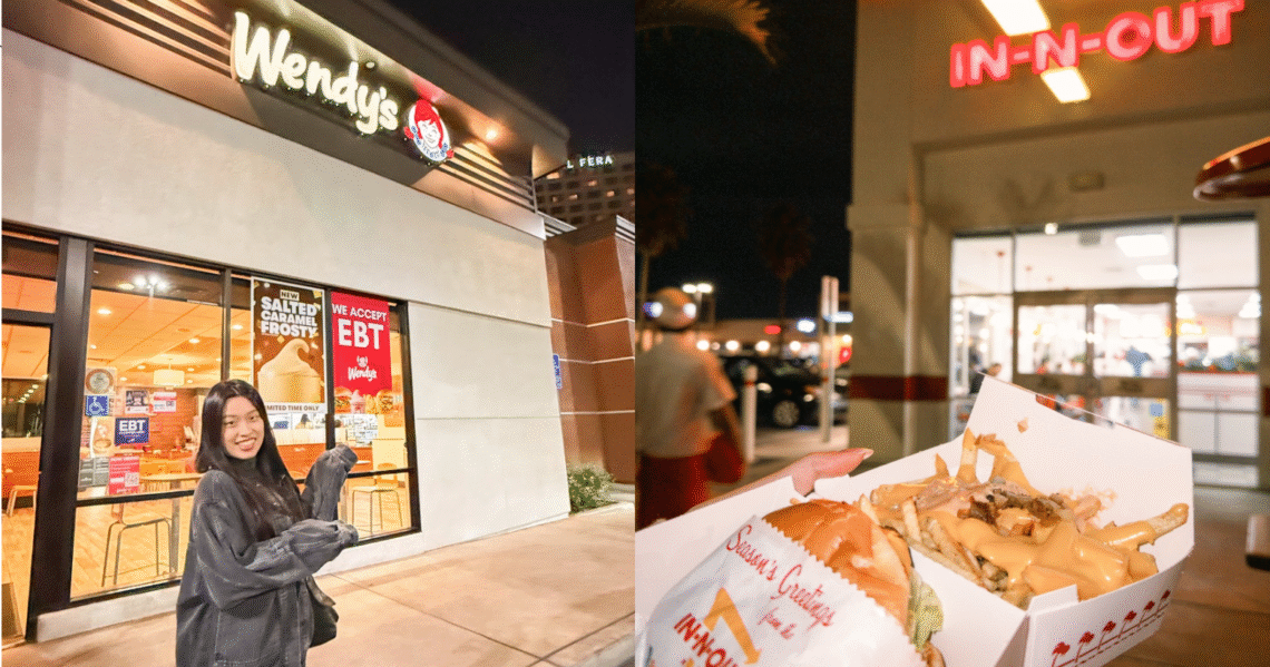 Side-by-side photo collage of Wendy’s and In-N-Out meals, comparing burgers, fries, and drinks Wendy’s 與 In-N-Out 套餐的拼圖對比照，展示漢堡、薯條與飲料差異