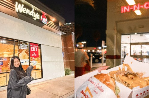 Side-by-side photo collage of Wendy’s and In-N-Out meals, comparing burgers, fries, and drinks Wendy’s 與 In-N-Out 套餐的拼圖對比照，展示漢堡、薯條與飲料差異