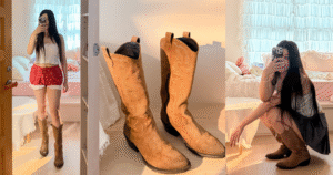 日常穿搭推薦：女孩穿著 Urban Outfitters 服飾搭配高筒牛仔靴