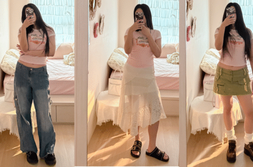 同一件 BBYDOLL 短 Tee 三套穿搭一次秀，街頭酷感牛仔褲、浪漫白裙、叛逆綠工裝裙，今天妳想當哪種辣妹？🔥👗👟