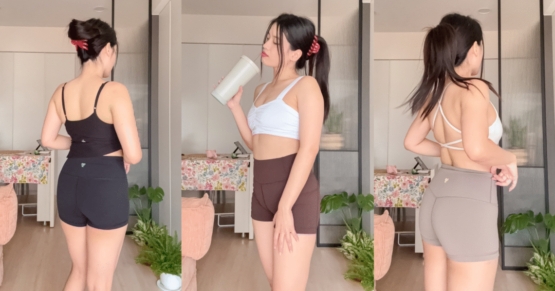畫面中展示一位女孩穿著三種不同顏色的 Biker Shorts，從不同角度拍攝，展現褲款的高腰剪裁與修身效果，搭配白色和黑色運動內衣，呈現休閒時髦的室內穿搭風格