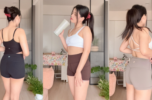 畫面中展示一位女孩穿著三種不同顏色的 Biker Shorts，從不同角度拍攝，展現褲款的高腰剪裁與修身效果，搭配白色和黑色運動內衣，呈現休閒時髦的室內穿搭風格