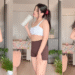 畫面中展示一位女孩穿著三種不同顏色的 Biker Shorts,從不同角度拍攝,展現褲款的高腰剪裁與修身效果,搭配白色和黑色運動內衣,呈現休閒時髦的室內穿搭風格