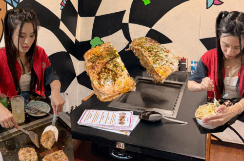 Harajuku hidden gem – Sakura Tei DIY cooking where travelers grill fresh Japanese okonomiyaki.