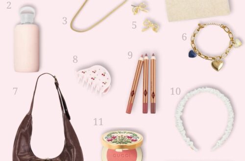 Best gifts for her under $50 – stylish gift guide featuring black sunglasses, gold necklace, cozy scarf, bow earrings, charm bracelet, glass water bottle, brown shoulder bag, shell dish, makeup pencils, pearl headband, blush compact, cozy socks, skinny belt, and red lace lingerie. Affordable fashion and beauty gifts for women.