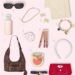Best gifts for her under $50 – stylish gift guide featuring black sunglasses, gold necklace, cozy scarf, bow earrings, charm bracelet, glass water bottle, brown shoulder bag, shell dish, makeup pencils, pearl headband, blush compact, cozy socks, skinny belt, and red lace lingerie. Affordable fashion and beauty gifts for women.