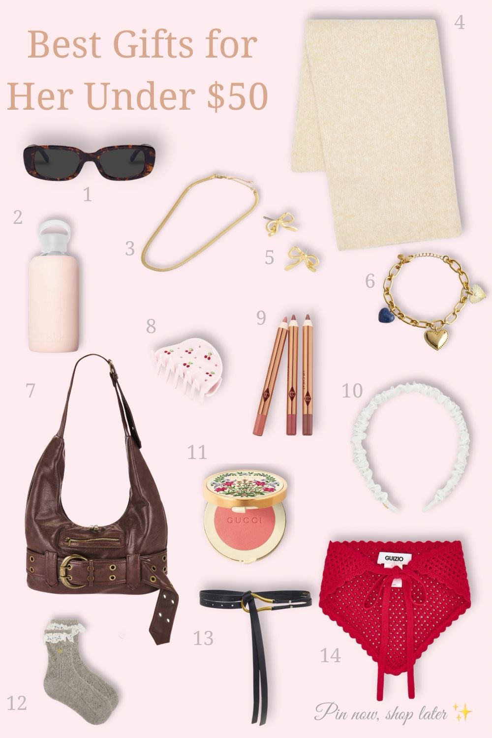 Best gifts for her under $50 – stylish gift guide featuring black sunglasses, gold necklace, cozy scarf, bow earrings, charm bracelet, glass water bottle, brown shoulder bag, shell dish, makeup pencils, pearl headband, blush compact, cozy socks, skinny belt, and red lace lingerie. Affordable fashion and beauty gifts for women.