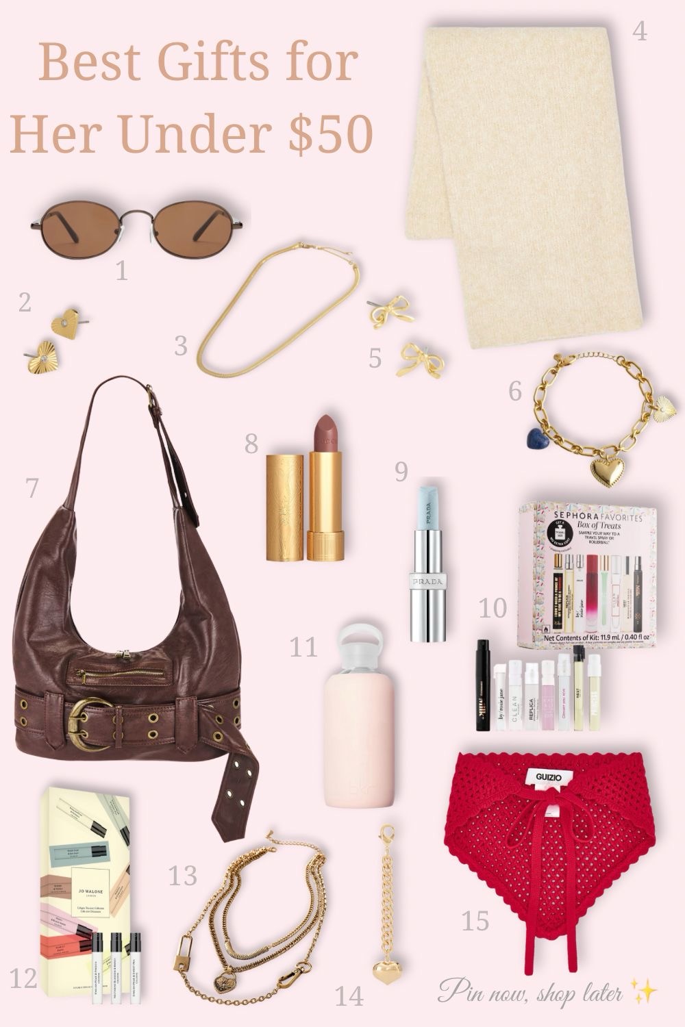 Best gifts for her under $50 – affordable gift ideas for women including sunglasses, gold necklace, bow earrings, cozy scarf, charm bracelet, brown shoulder bag, lipstick, perfume, beauty gift set, glass water bottle, layered necklace, bracelet, and red lace lingerie. Stylish, practical, and thoughtful presents under $50