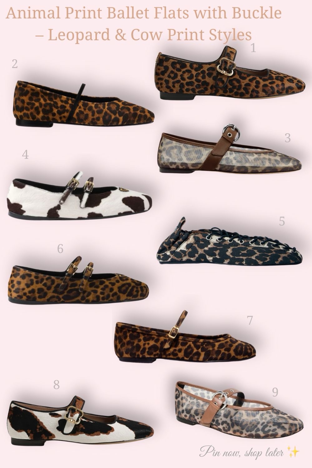 Collage of animal print ballet flats with buckles – leopard and cow print styles in 9 variations.