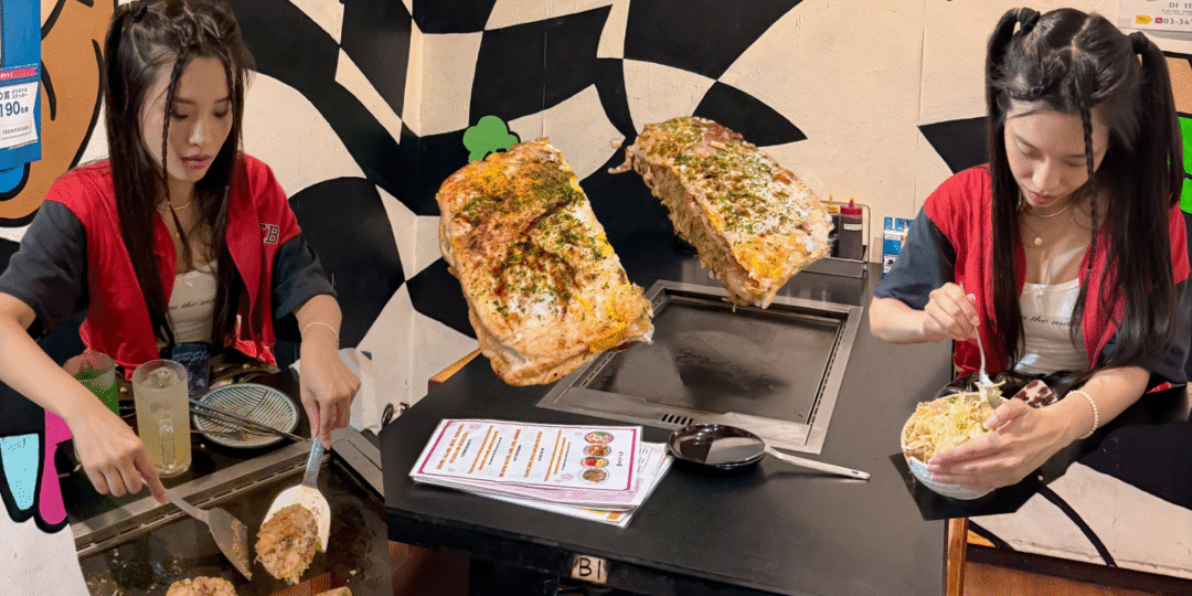 Tokyo travel experience at Sakura Tei in Harajuku – DIY okonomiyaki cooking. Tourists preparing Japanese savory pancakes on a hot grill inside the colorful restaurant.