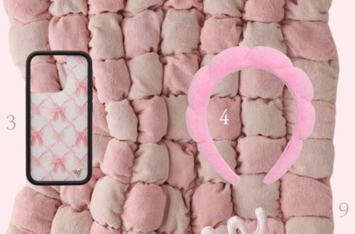 Soft girl aesthetic must-have list featuring pink Ralph Lauren cap, satin bow hair clip, pink bow phone case, pastel headband, spiral hair claw, retro sneakers, beige crossbody bag, and heart charm keychain on cozy quilted pink blanket.