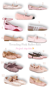 Collage of trending pink ballet flats in 13 different styles – satin, leather, and sporty variations.