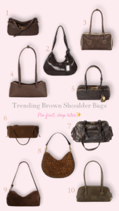 Trending brown shoulder bags collection featuring leather, suede, crocodile pattern, vintage boxy styles, and leopard print hobo bag.