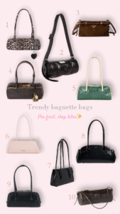 Trendy baguette bags collection featuring leopard print, black leather, brown suede, green patent, white minimalist, and vintage-inspired shoulder handbags.