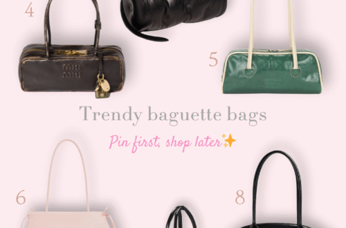 Trendy baguette bags collection featuring leopard print, black leather, brown suede, green patent, white minimalist, and vintage-inspired shoulder handbags.