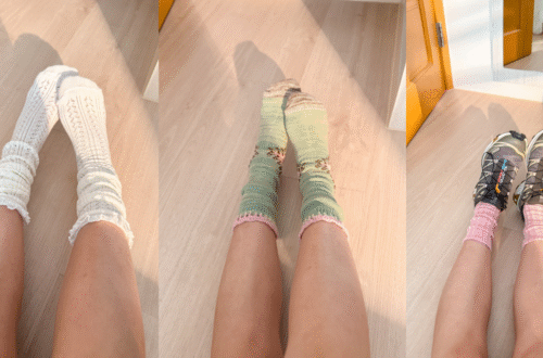 A collage of three Free People sock styles: white ruffled crochet socks, sage green floral knit socks, and pink ribbed socks paired with hiking sneakers on a wooden floor.