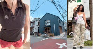 • 左側近照： A close-up mirror selfie of a girl wearing a black Brandy Melville polo shirt with a small white bow embroidery, paired with red lace shorts. • 中間店景： The minimalist dark blue facade of the Brandy Melville flagship store in Tokyo, Japan, with a clean architectural design. • 右側全身照： A full-body OOTD of a girl standing on a Tokyo street wearing a Brandy Melville white tank top and camouflage wide-leg cargo pants, holding a shopping bag.