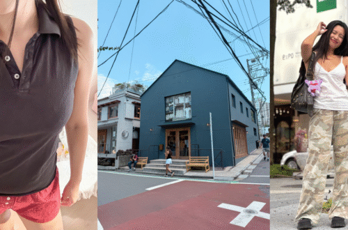 • 左側近照： A close-up mirror selfie of a girl wearing a black Brandy Melville polo shirt with a small white bow embroidery, paired with red lace shorts. • 中間店景： The minimalist dark blue facade of the Brandy Melville flagship store in Tokyo, Japan, with a clean architectural design. • 右側全身照： A full-body OOTD of a girl standing on a Tokyo street wearing a Brandy Melville white tank top and camouflage wide-leg cargo pants, holding a shopping bag.