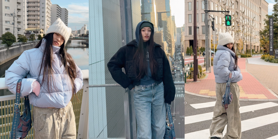 Alo Yoga 冬季穿搭評測：女生穿著寶寶藍羽絨外套 (Gold Rush Puffer)、白色貓耳毛帽搭配卡其色工裝寬褲，展現輕盈顯瘦的冬季旅遊造型。Winter travel outfit: girl wearing Alo Yoga Gold Rush Puffer in Baby Blue, white cat ear beanie, and khaki wide-leg cargo pants.