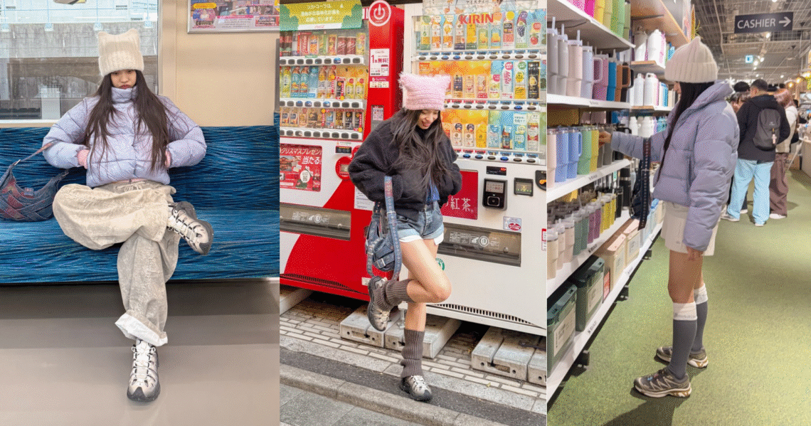 三張冬季城市機能穿搭拼圖：Alo 羽絨外套搭配 BDG barrel pants、Merrell 鞋與 Salomon XT-6，在列車座位、自動販賣機街景與選物店水壺架前的穿搭紀錄｜Outfit collage of winter urban gorpcore looks featuring an Alo puffer jacket, BDG barrel pants, Merrell shoes, and Salomon XT-6 sneakers in a train, vending machine street scene, and lifestyle store