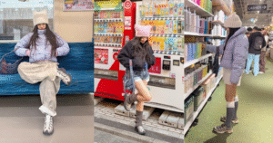 三張冬季城市機能穿搭拼圖：Alo 羽絨外套搭配 BDG barrel pants、Merrell 鞋與 Salomon XT-6，在列車座位、自動販賣機街景與選物店水壺架前的穿搭紀錄｜Outfit collage of winter urban gorpcore looks featuring an Alo puffer jacket, BDG barrel pants, Merrell shoes, and Salomon XT-6 sneakers in a train, vending machine street scene, and lifestyle store