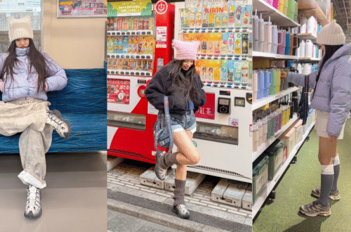 三張冬季城市機能穿搭拼圖：Alo 羽絨外套搭配 BDG barrel pants、Merrell 鞋與 Salomon XT-6，在列車座位、自動販賣機街景與選物店水壺架前的穿搭紀錄｜Outfit collage of winter urban gorpcore looks featuring an Alo puffer jacket, BDG barrel pants, Merrell shoes, and Salomon XT-6 sneakers in a train, vending machine street scene, and lifestyle store