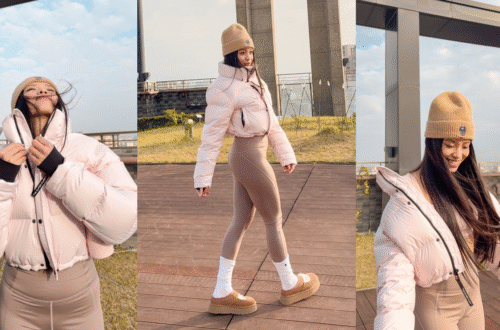 A three-paneled collage showing the woman in her pink puffer and brown leggings from different angles. She is smiling and walking on a wooden rooftop deck against a soft blue sky.