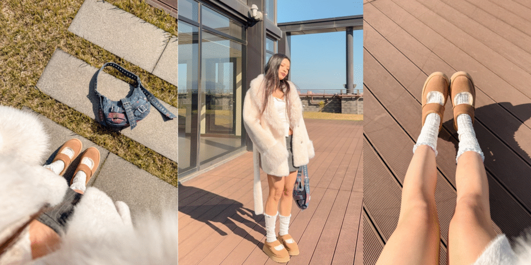A collage featuring Hattie's UGG Mary Jane styling: close-ups of chestnut UGG Mary Janes with white lace socks, a denim patchwork bag, and a full-body winter outfit with a white faux fur coat.