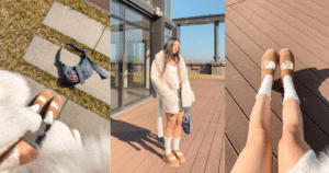 A collage featuring Hattie's UGG Mary Jane styling: close-ups of chestnut UGG Mary Janes with white lace socks, a denim patchwork bag, and a full-body winter outfit with a white faux fur coat.