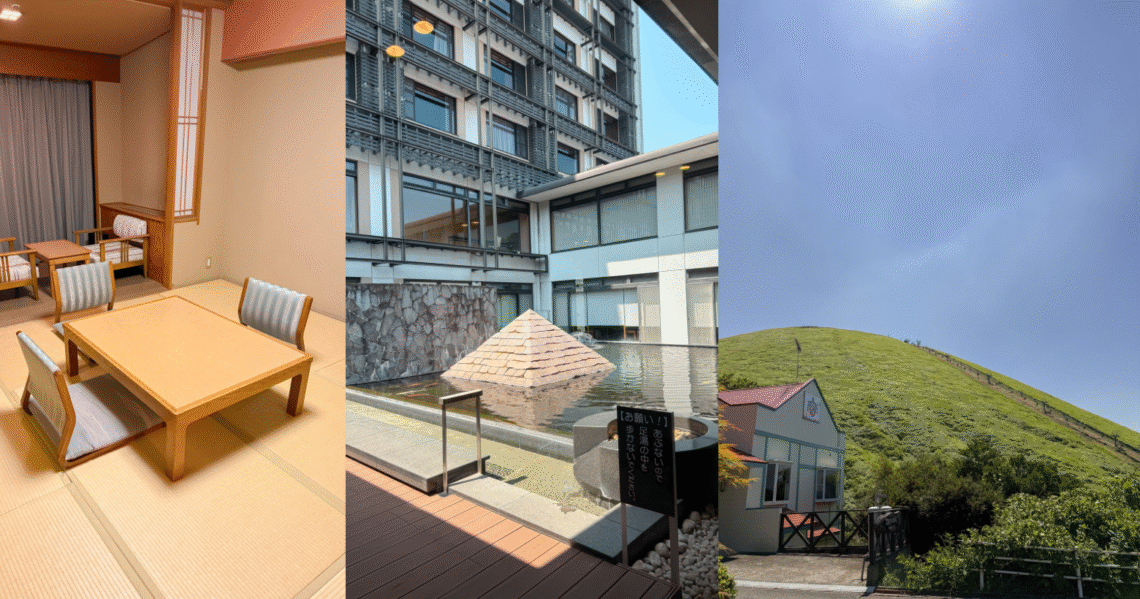 A three-panel collage of a Japanese hot spring trip featuring a traditional washitsu guest room with tatami flooring, a modern ryokan courtyard with a pyramid-shaped water feature and footbath, and the lush green slopes of Mount Omuro under a clear blue sky.