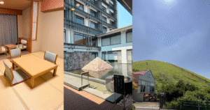A three-panel collage of a Japanese hot spring trip featuring a traditional washitsu guest room with tatami flooring, a modern ryokan courtyard with a pyramid-shaped water feature and footbath, and the lush green slopes of Mount Omuro under a clear blue sky.