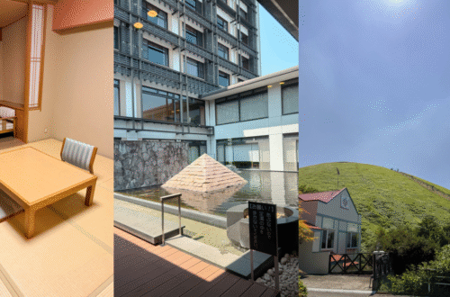 A three-panel collage of a Japanese hot spring trip featuring a traditional washitsu guest room with tatami flooring, a modern ryokan courtyard with a pyramid-shaped water feature and footbath, and the lush green slopes of Mount Omuro under a clear blue sky.