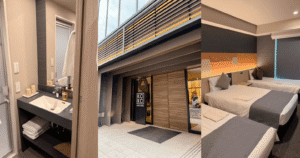 A collage of KOKO HOTEL Tsukiji Ginza showing a clean bathroom sink, the modern wooden exterior entrance, and a cozy triple room with three single beds.