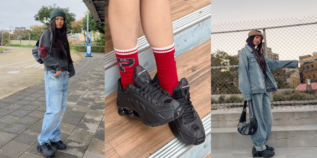 Collage of Nike Shox R4 outfit ideas and close-up details featuring black sneakers and street style fashion.