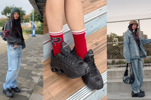 Collage of Nike Shox R4 outfit ideas and close-up details featuring black sneakers and street style fashion.