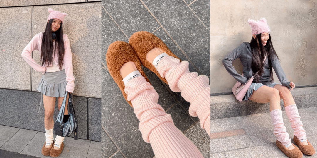 A collage photo showing the moon boot ballet flats from two different angles.