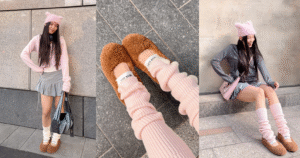 A collage photo showing the moon boot ballet flats from two different angles.