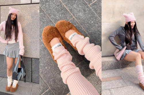 A collage photo showing the moon boot ballet flats from two different angles.