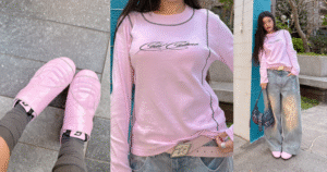 A collage of Cold Culture streetwear outfits featuring pink long sleeve shirt, oversized baggy jeans, and pink velcro sneakers by Hattie.