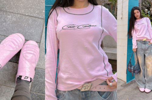A collage of Cold Culture streetwear outfits featuring pink long sleeve shirt, oversized baggy jeans, and pink velcro sneakers by Hattie.