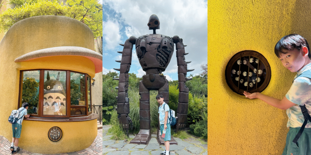 A collage showing highlights from the Ghibli Museum: a boy looking into the giant Totoro ticket booth, posing with the life-sized Laputa Robot Soldier, and pointing at a window filled with soot sprites.