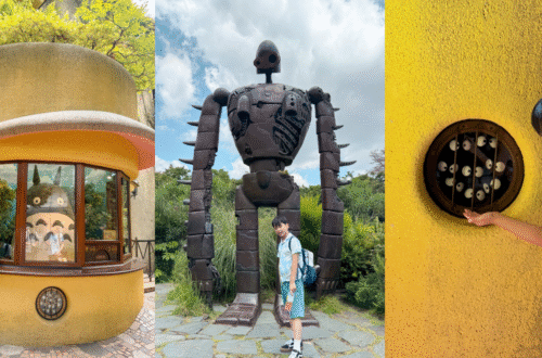 A collage showing highlights from the Ghibli Museum: a boy looking into the giant Totoro ticket booth, posing with the life-sized Laputa Robot Soldier, and pointing at a window filled with soot sprites.