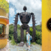 A collage showing highlights from the Ghibli Museum: a boy looking into the giant Totoro ticket booth, posing with the life-sized Laputa Robot Soldier, and pointing at a window filled with soot sprites.