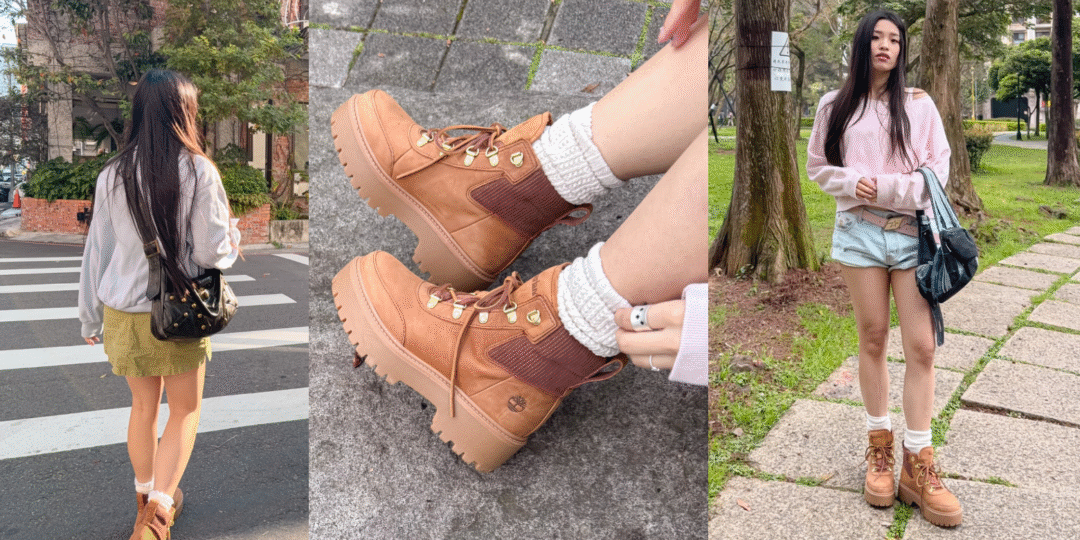 A blog cover collage featuring three panels: a woman walking in the sun, a close-up of platform boots, and a full body outfit pose, all showcasing Timberland Stone Street boots.