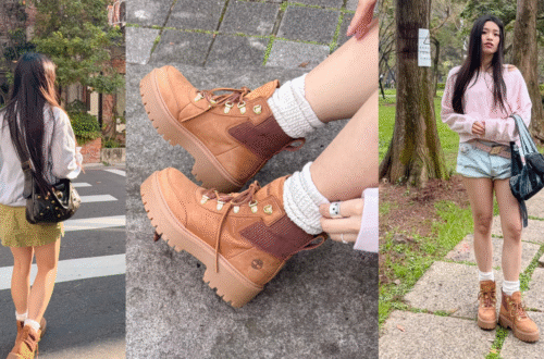 A blog cover collage featuring three panels: a woman walking in the sun, a close-up of platform boots, and a full body outfit pose, all showcasing Timberland Stone Street boots.