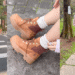 A blog cover collage featuring three panels: a woman walking in the sun, a close-up of platform boots, and a full body outfit pose, all showcasing Timberland Stone Street boots.