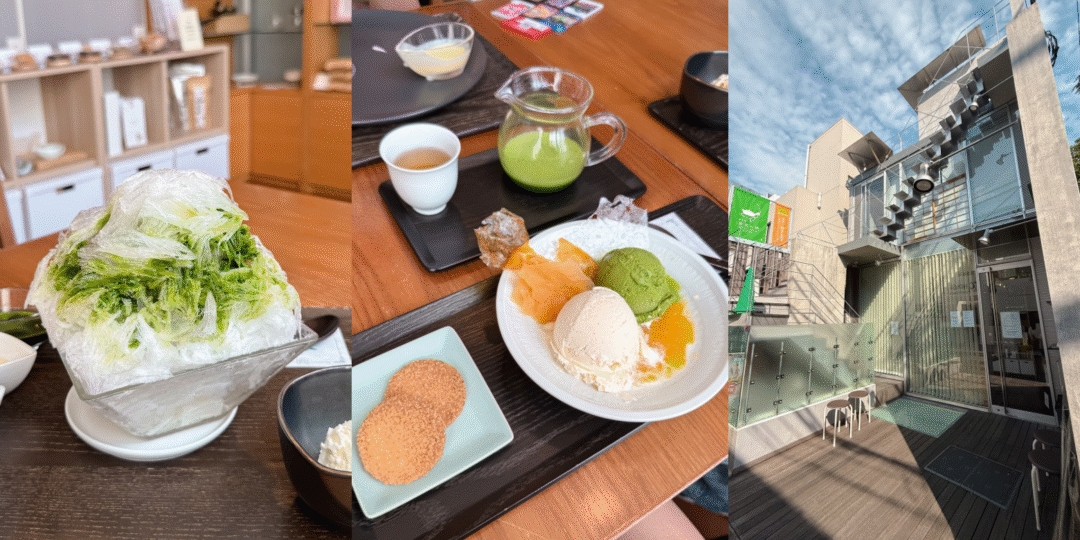 A vibrant photo showing a complete spread of diverse Japanese tea desserts from Chachanoma cafe, including matcha shaved ice, parfaits, and sweets, on a wooden table in Omotesando, Tokyo.