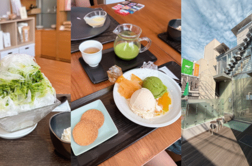 A vibrant photo showing a complete spread of diverse Japanese tea desserts from Chachanoma cafe, including matcha shaved ice, parfaits, and sweets, on a wooden table in Omotesando, Tokyo.
