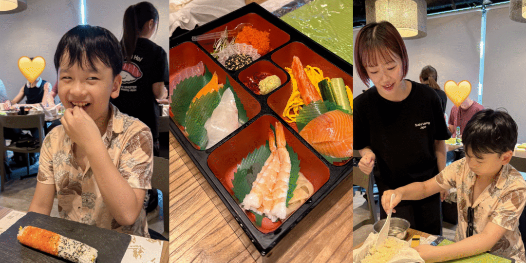 Sushi making Tokyo壽司課堂中大合照，親子共同體驗的溫馨畫面