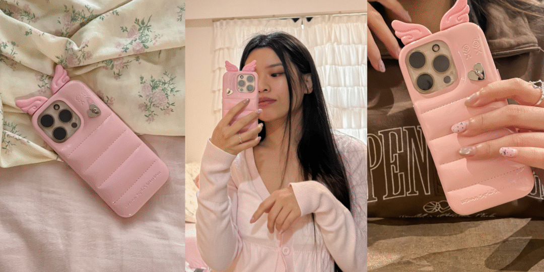 A collage showing the Urban Sophistication Angel in Piggy phone case with its signature pink wings and a mirror selfie.